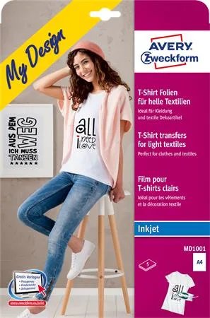 Nažehľovacia fólia, A4, do atramentových tlačiarní, na svetlý textil, AVERY ZWECKFORM 2