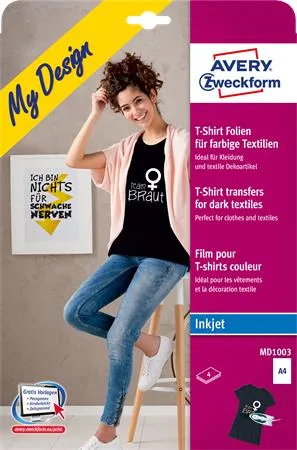 Nažehľovacia fólia, A4, do atramentových tlačiarní, na tmavý a farebný textil, AVERY ZWECKFORM 2