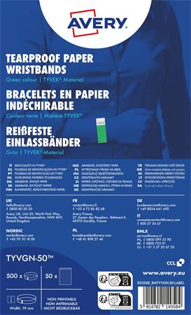 Identifikačný náramok, odolný proti roztrhnutiu,, 265x19 mm, AVERY ZWECKFORM "Tyvek", zelený