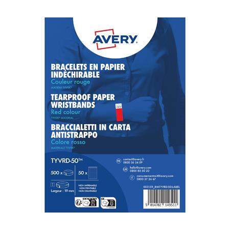 Identifikačný náramok, odolný proti roztrhnutiu,, 265x19 mm, AVERY ZWECKFORM "Tyvek", červený