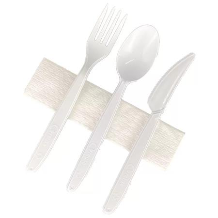Priíbor, sada, plastový, jednorazový, lyžica, nôž, vidlička, servítka, biely