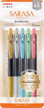 Gélové pero, sada, 0,33 mm, stláčací mechanizmus, ZEBRA "Sarasa Clip Decoshine", mix 5 kovových farieb