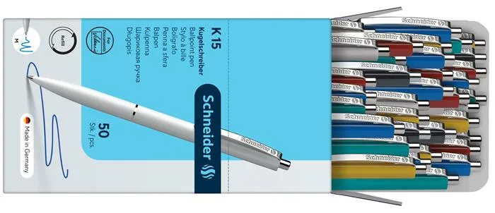 Guľôčkové pero, 0,5 mm, stláčací mechanizmus, telo v rôznych farbách, SCHNEIDER "K15", modrá 3
