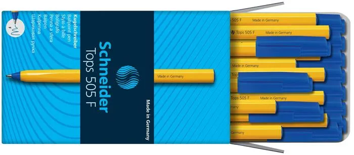 Guľôčkové pero, 0,3 mm, s vrchnákom, SCHNEIDER "Tops 505 F", modré 7
