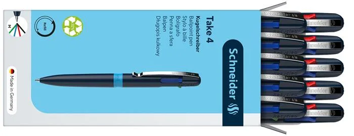 Guľôčkové pero, 0,5 mm, stláčací mechanizmus, 4-farebné, SCHNEIDER "Take 4", tmavomodrá 5