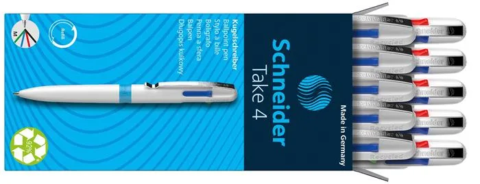 Guľôčkové pero, 0,5 mm, stláčací mechanimus, 4-farebné, SCHNEIDER "Take 4", biela 5