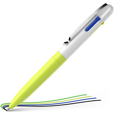 Guľôčkové pero, 0,5 mm, stláčací mechanizmus, 4 farby, SCHNEIDER "Take 4 Neon", žlté-biele