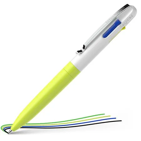 Guľôčkové pero, 0,5 mm, stláčací mechanizmus, 4 farby, SCHNEIDER "Take 4 Neon", žlté-biele