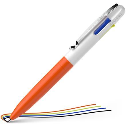 Guľôčkové pero, 0,5 mm, stláčací mechanizmus, 4 farby, SCHNEIDER "Take 4 Neon", oranžové-biele