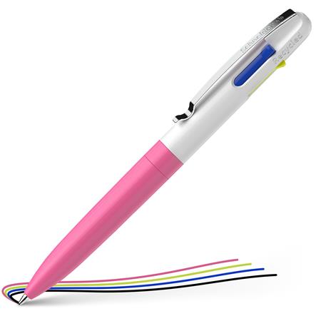 Guľôčkové pero, 0,5 mm, stláčací mechanizmus, 4 farby, SCHNEIDER "Take 4 Neon", ružové-biele