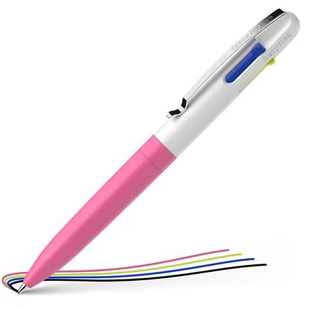 Guľôčkové pero, 0,5 mm, stláčací mechanizmus, 4 farby, SCHNEIDER "Take 4 Neon", ružové-biele