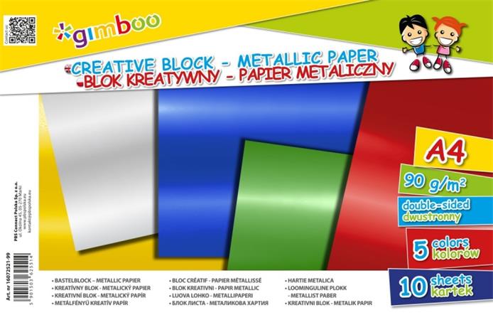 Farebný papier, A4, 90 g, 10 lap,"Gimboo", 5 rôznych kovových farieb