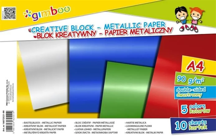 Farebný papier, A4, 90 g, 10 lap,"Gimboo", 5 rôznych kovových farieb