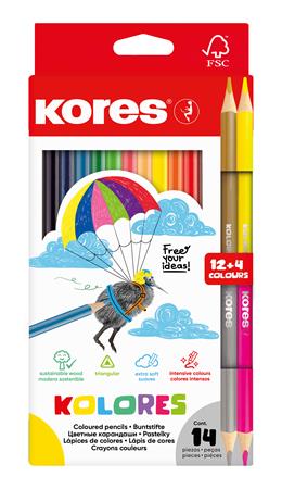 Farebné ceruzky, sada, trojhranný tvar, KORES "Kolores", 12+2 rôznych farieb