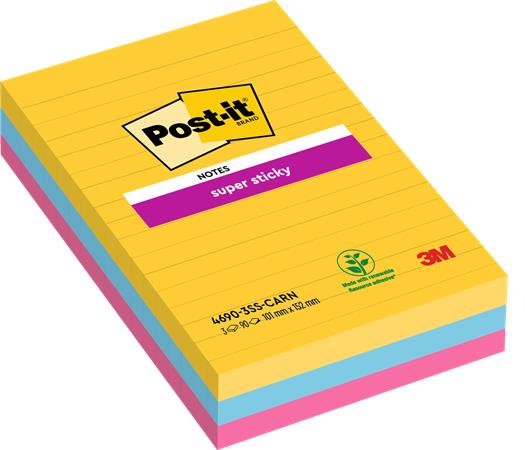 Samolepiaci bloček, linajkový, 3x90 listov, 101x152 mm, 3M POSTIT "Super Sticky", "Carnival", mix farieb